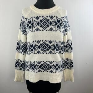 J.Crew Fair Isle White Black Crewneck Wool Blend Pullover Sweater L Large